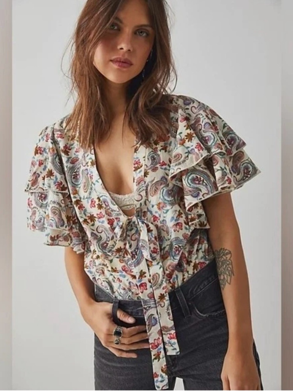 Free People Call Me Later Ruffled Paisley Bodysuit Small